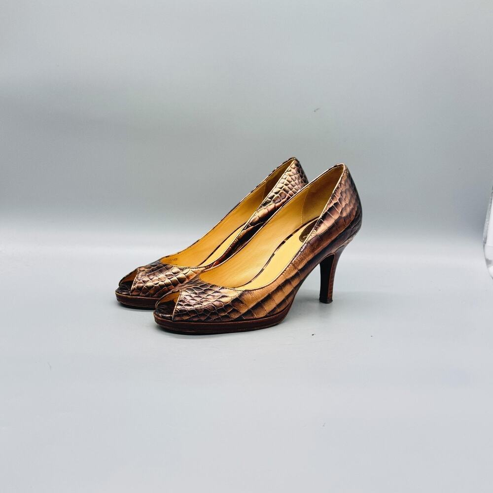 Cole Haan Shoes Womens 6 Brown Snake Embossed Leather Peep Toe Vintage Pumps - Picture 3 of 11